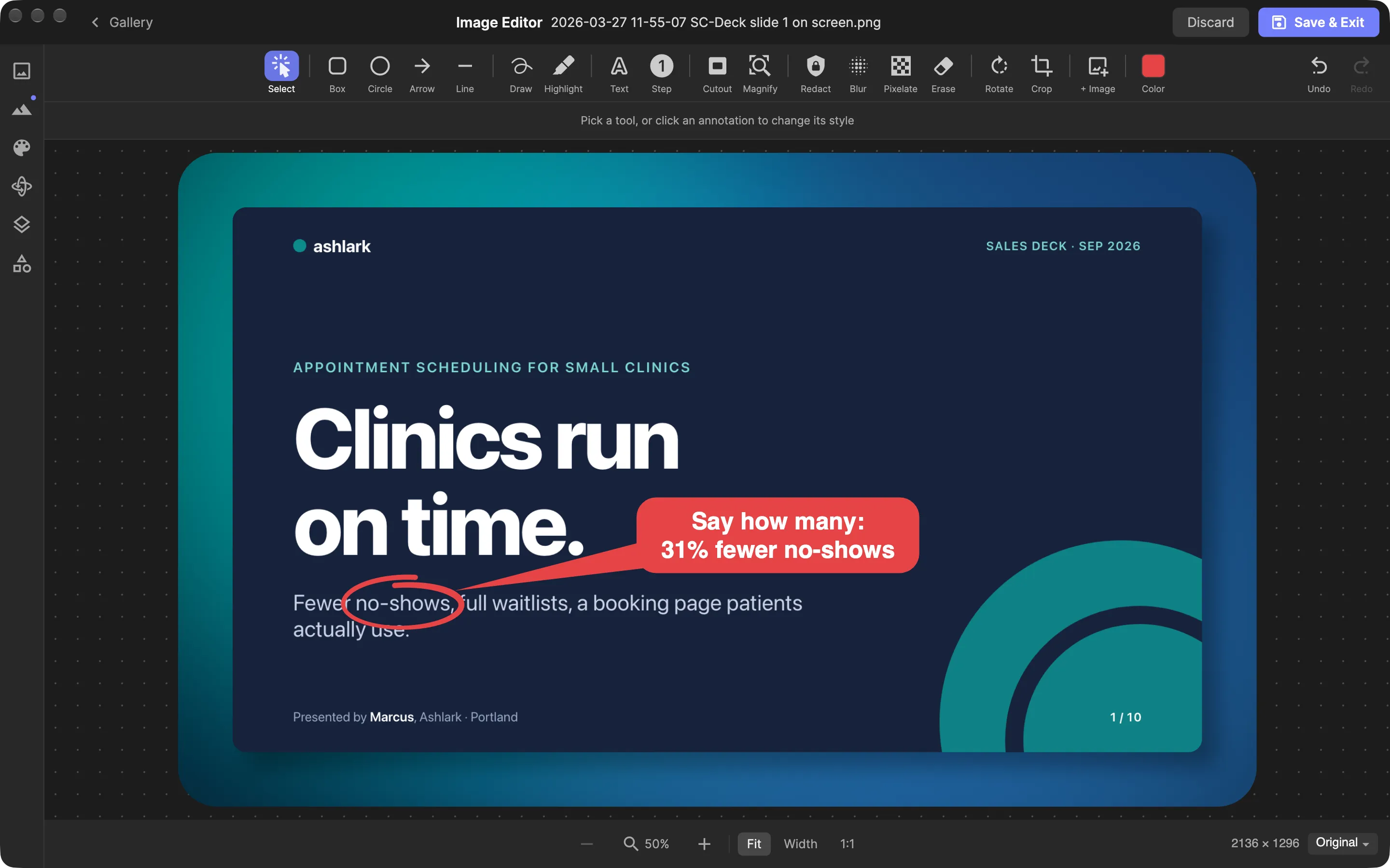 SuperCapture image editor with a sales-deck slide staged on a blue backdrop, the words no-shows ringed in red and a speech-bubble note pointing at them that reads: Say how many, 31% fewer no-shows