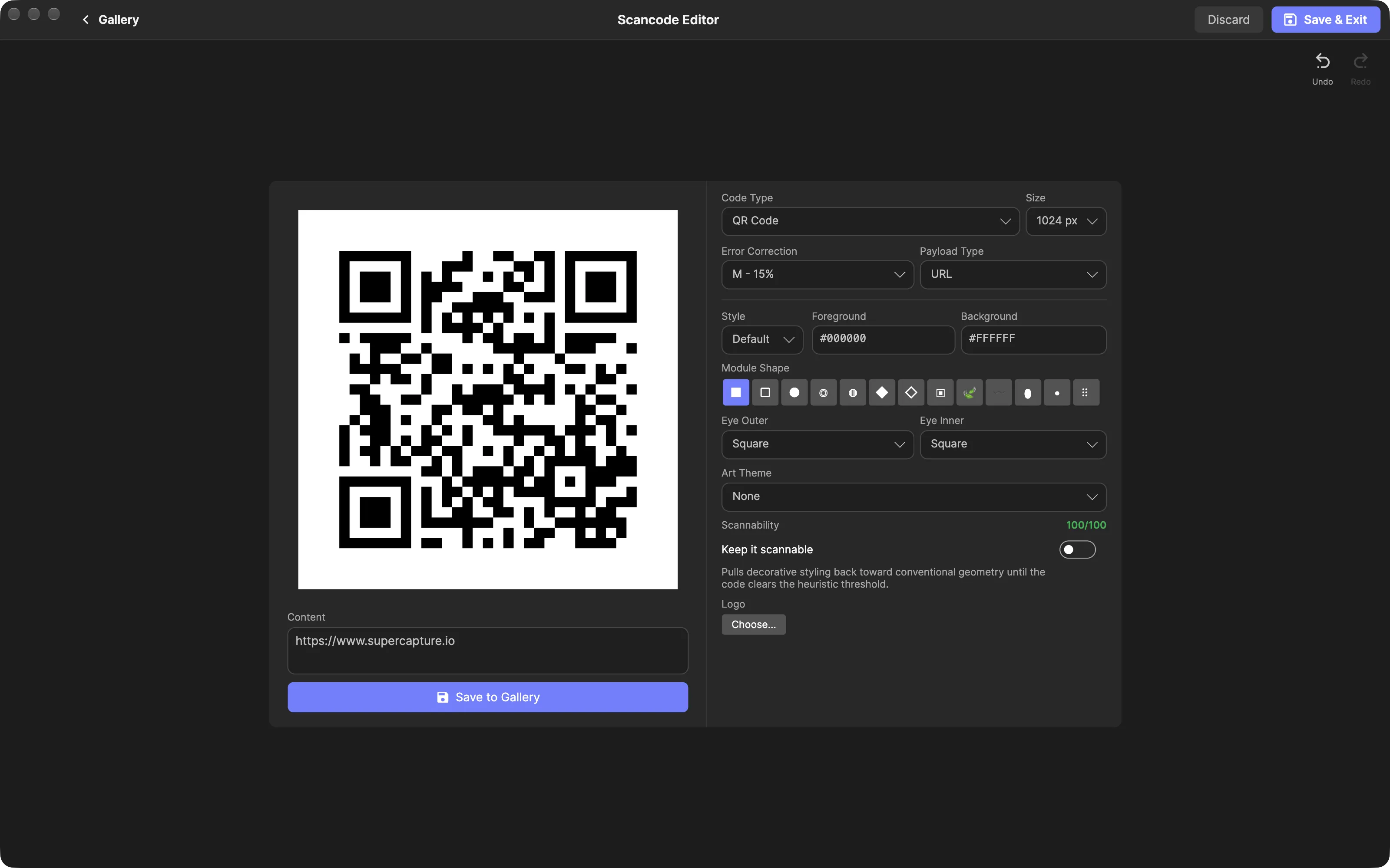 SuperCapture scancode editor showing a QR code with code type, size, module shape and logo controls