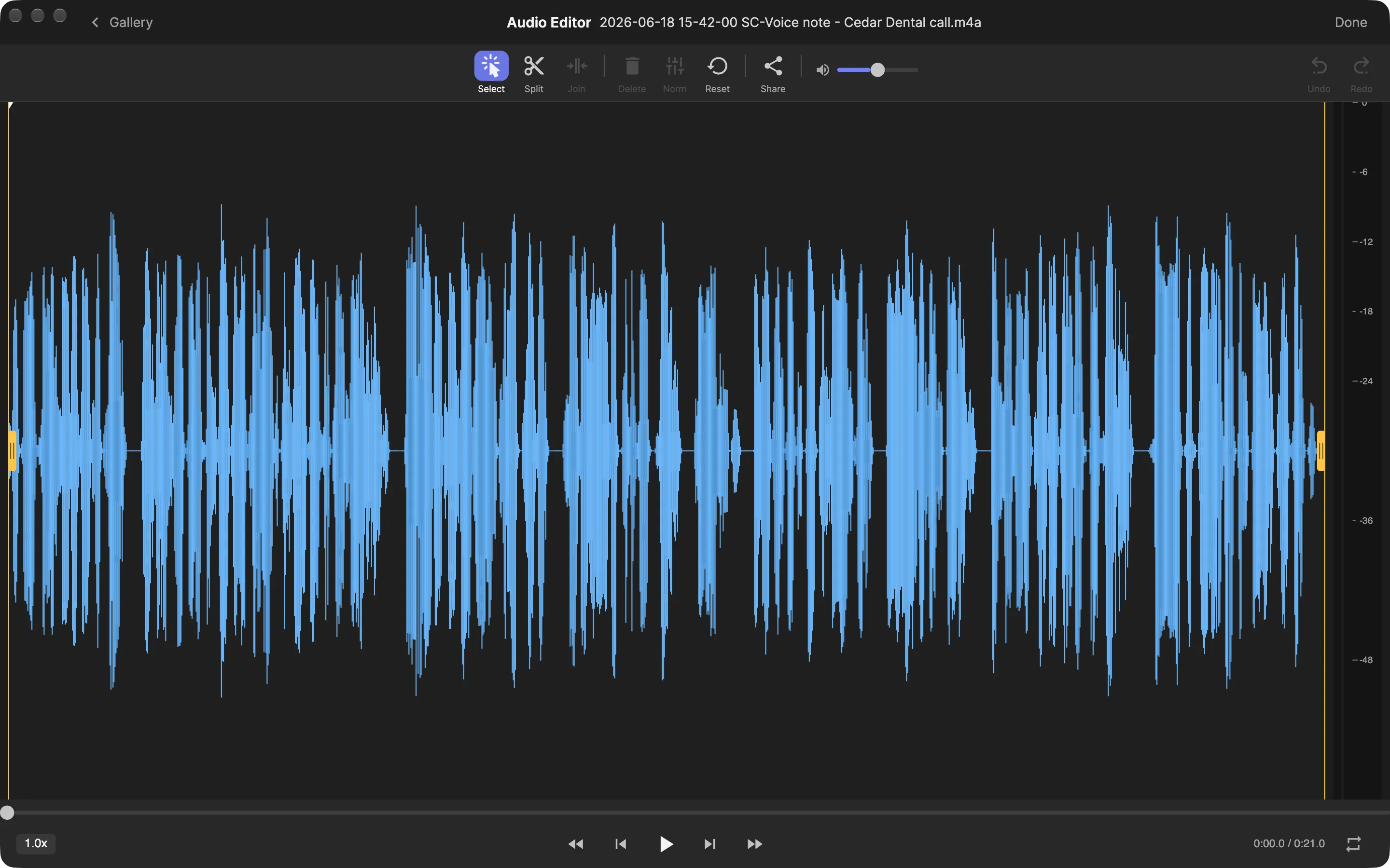 SuperCapture audio editor showing a recording’s waveform and its editing toolbar