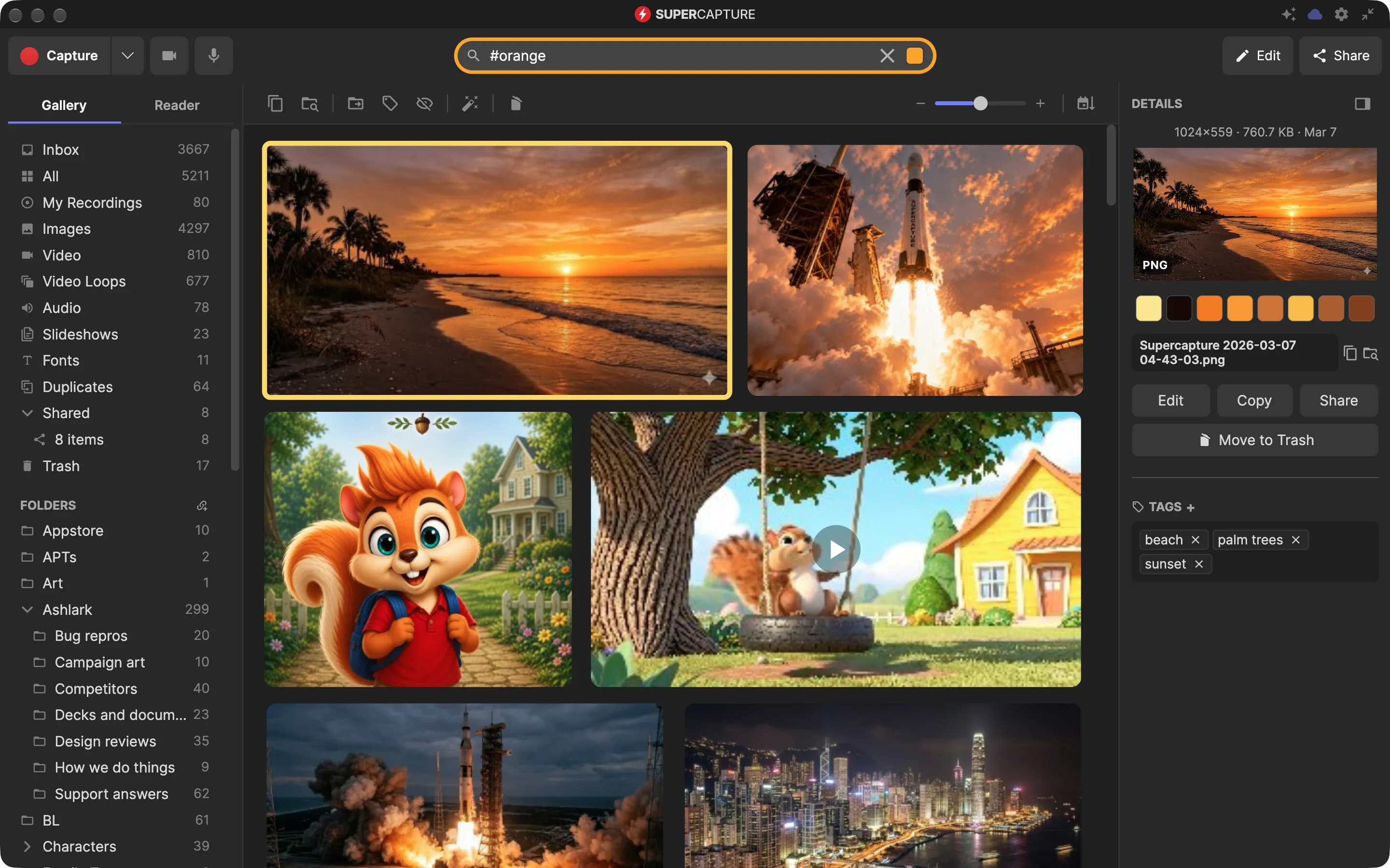 The SuperCapture gallery searching by color, with the matching captures and one selected with its details and tags