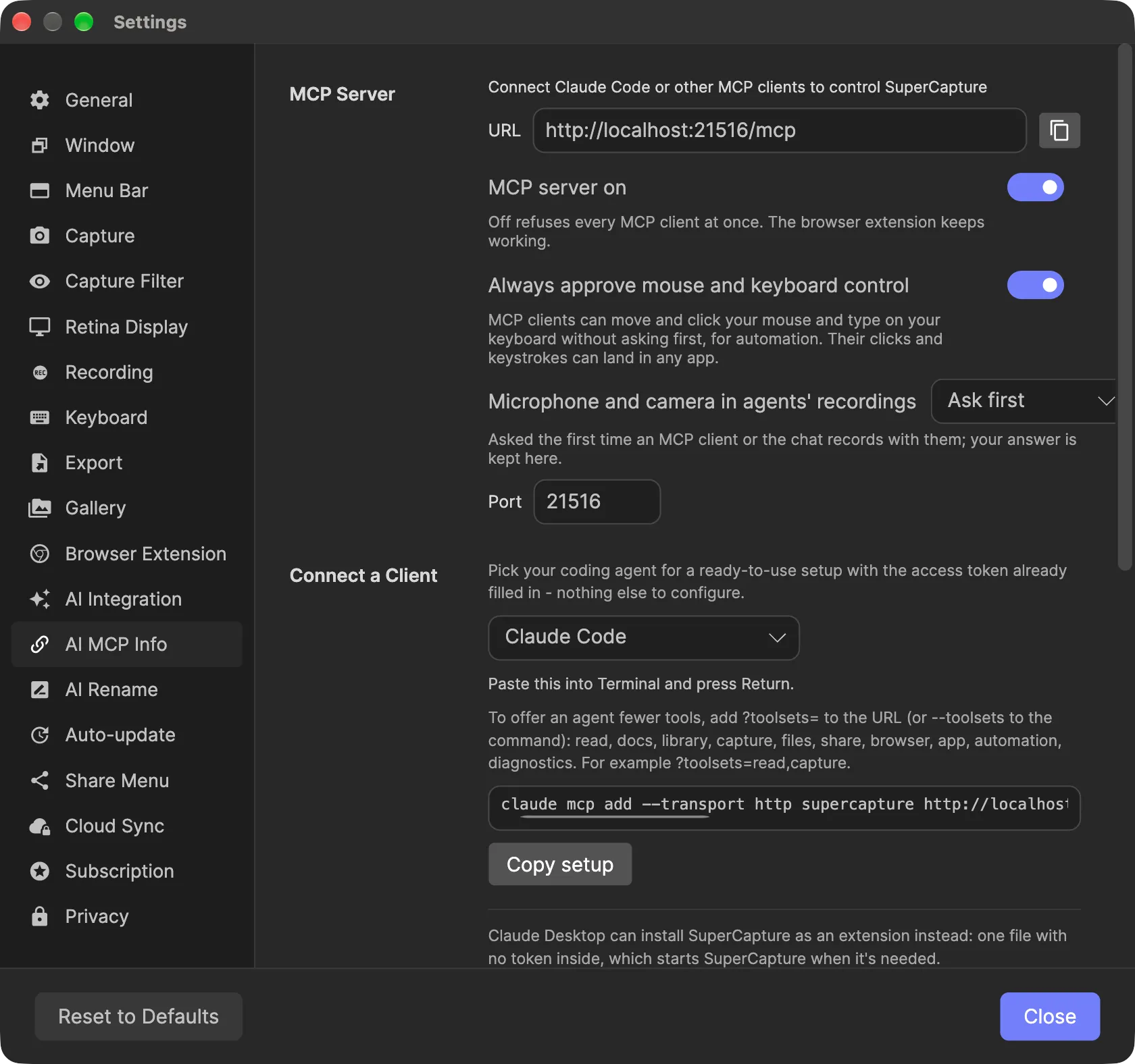 SuperCapture Settings on the AI MCP Info tab, showing the server URL, the on switch and port, a Connect a Client picker set to Claude Code, and Install in Claude Desktop