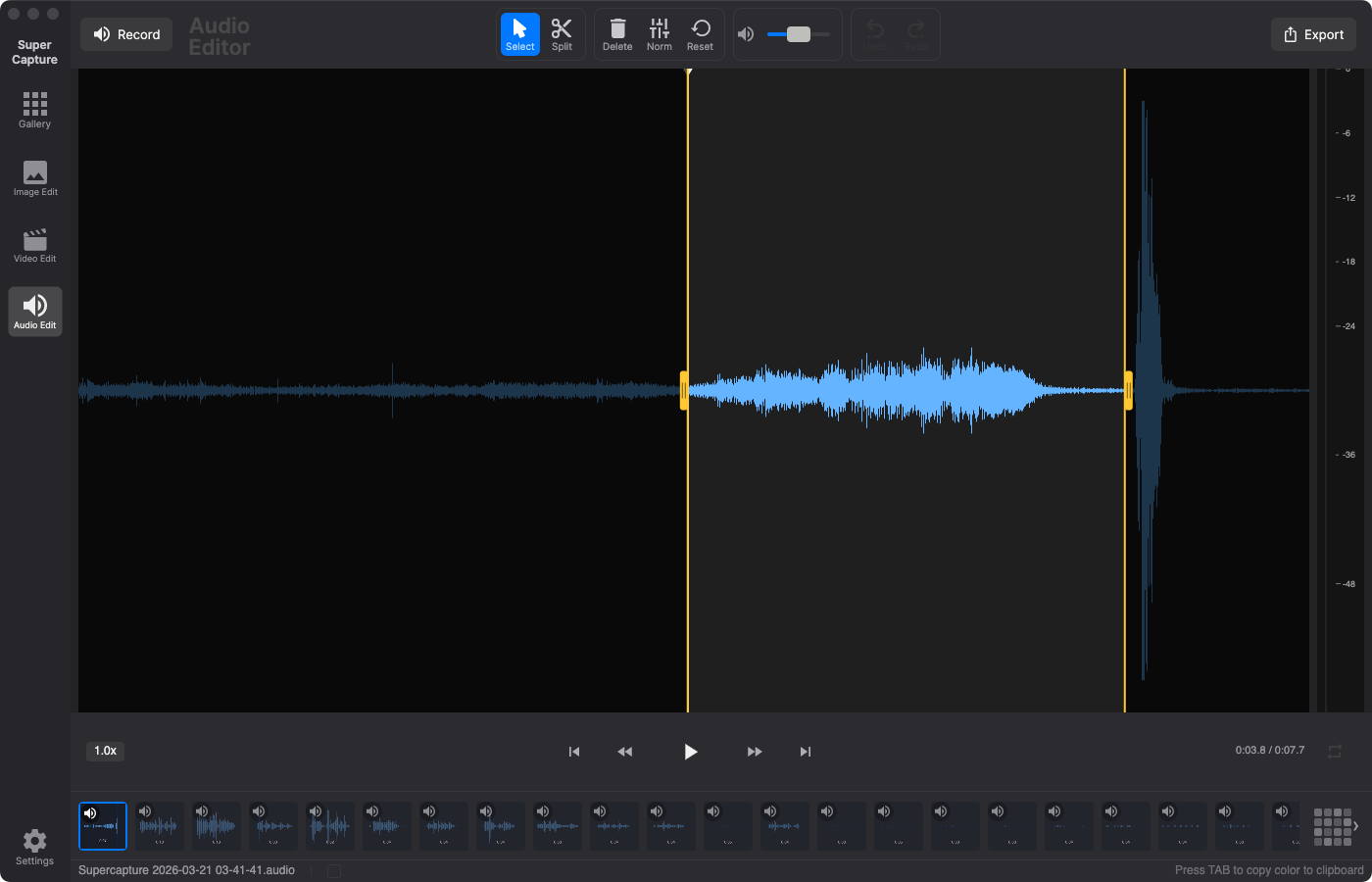 SuperCapture audio editor with waveform display and editing tools