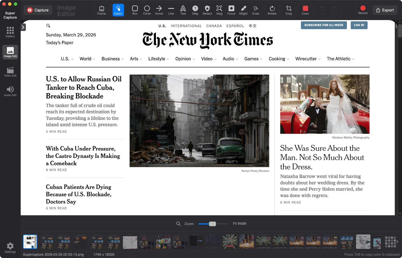 Full-page scrolling capture of the New York Times in SuperCapture's image editor