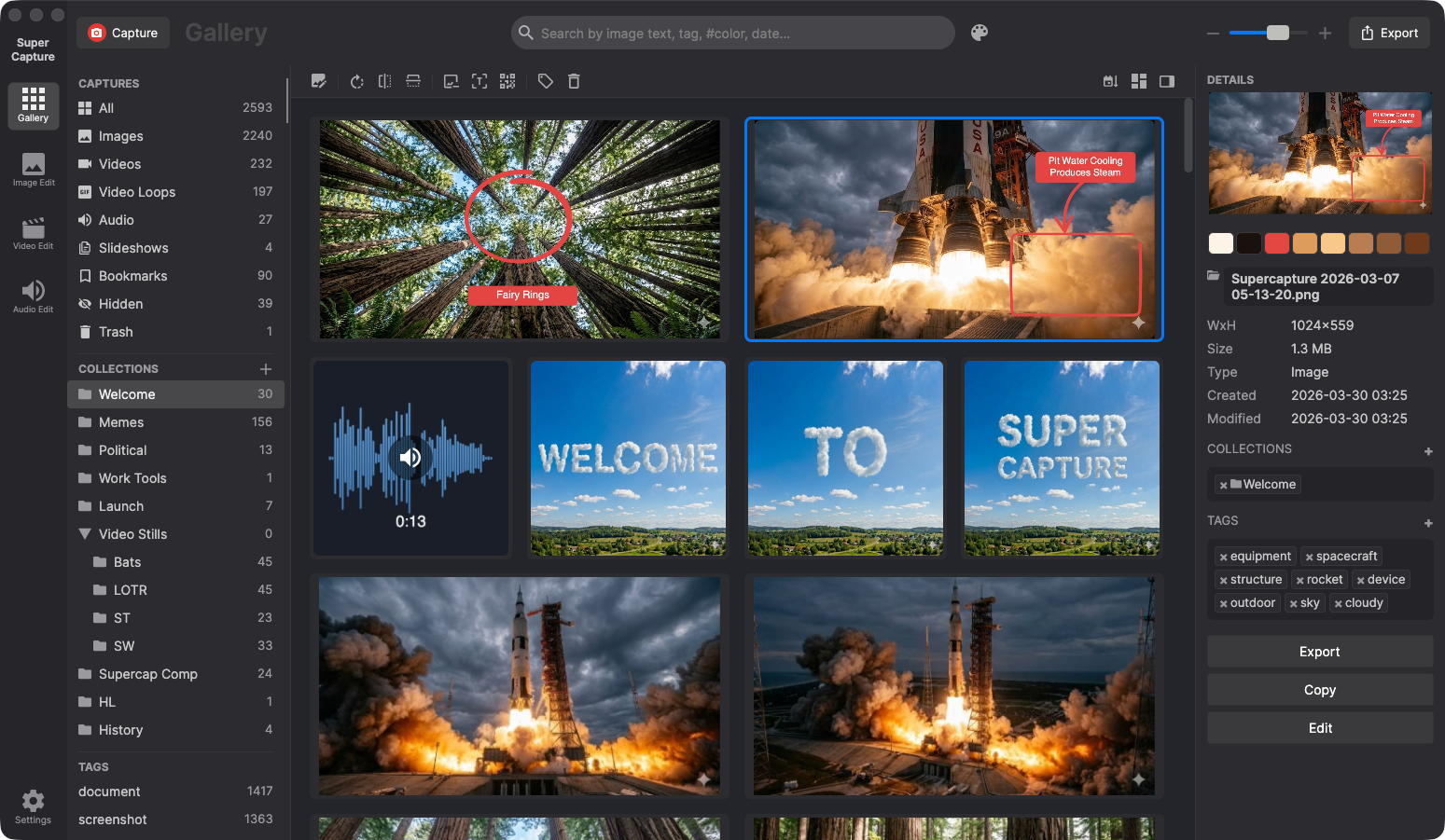 SuperCapture collections sidebar with nested subcollections and tags