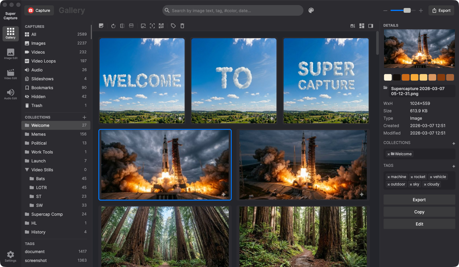 SuperCapture gallery view showing organized captures with collections, tags, and smart search