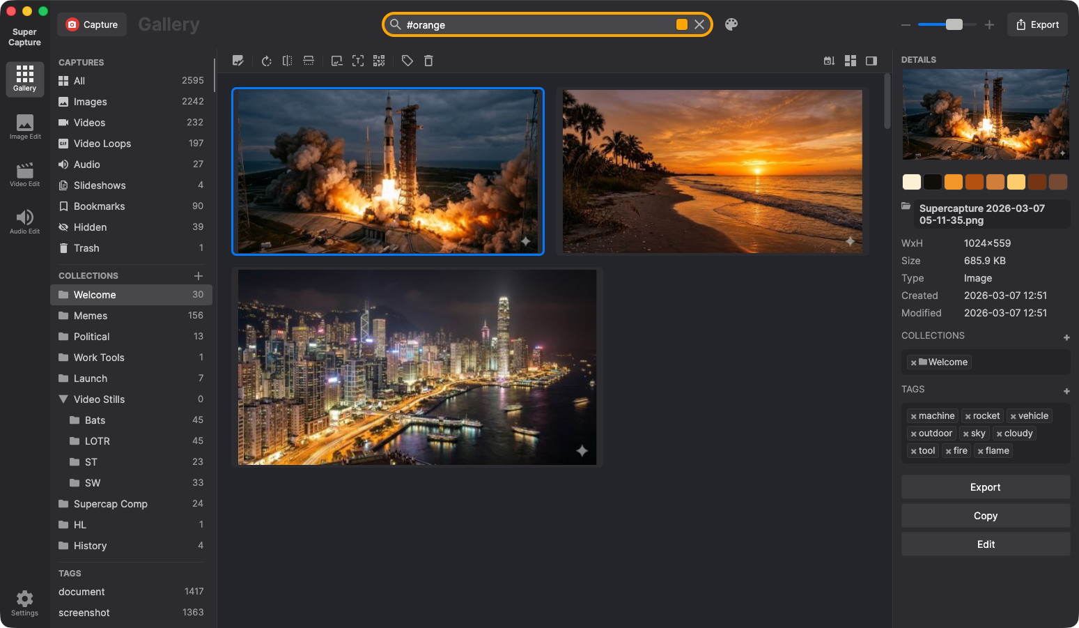 SuperCapture gallery filtered by color search showing orange-themed captures