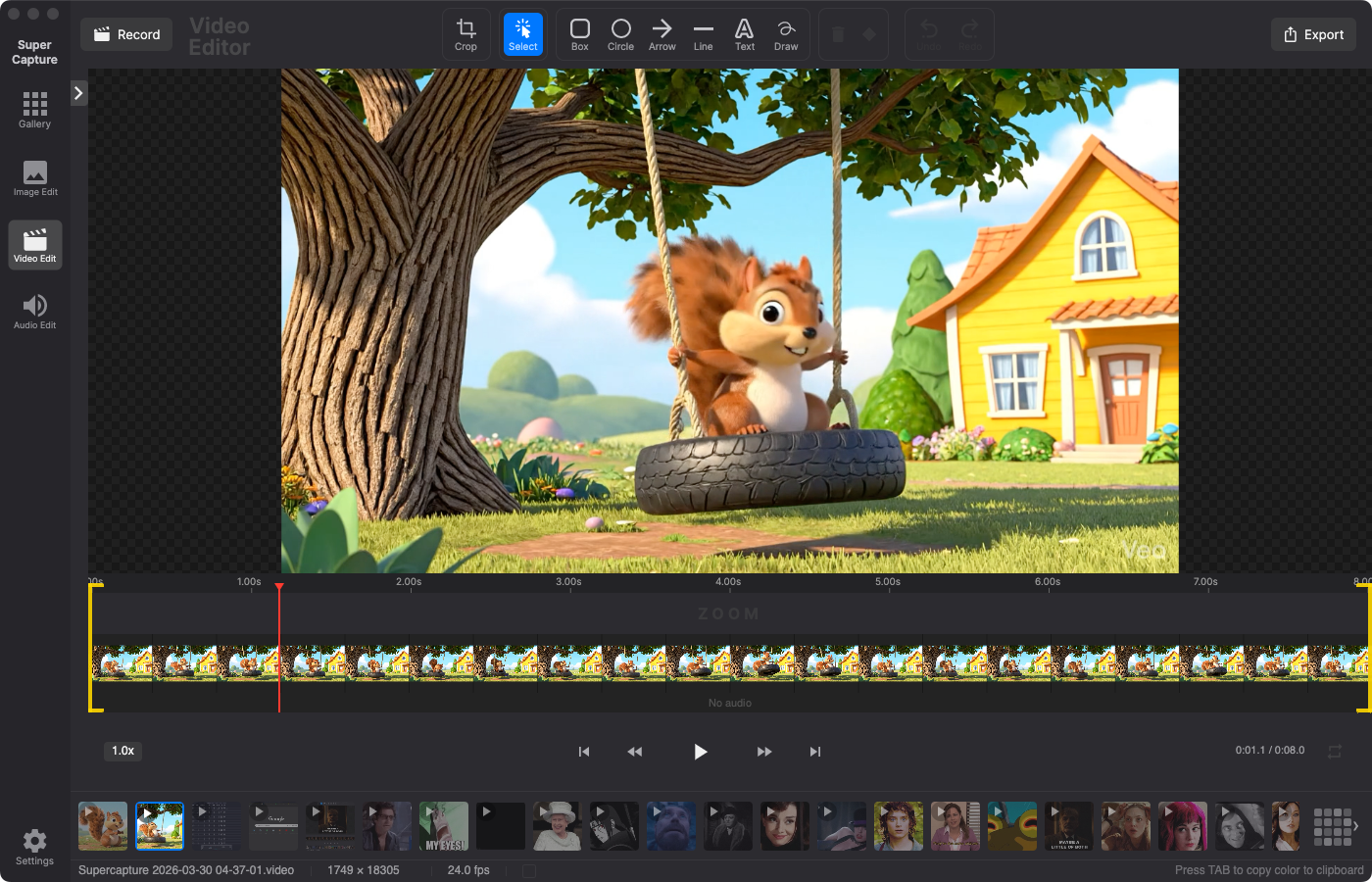 SuperCapture video editor with timeline and frame thumbnails